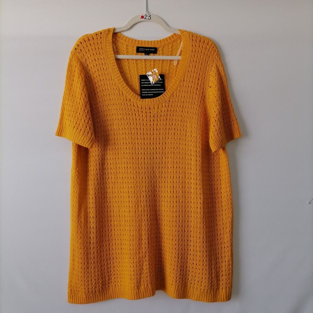 Jones New York Womens Freesia Yellow Open Knit Scoop Neck Pullover Sweater Sz 2X